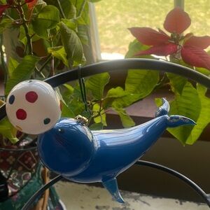 Blue Glass Seal Ornament with Play Ball - Decorative Holiday Hanging
